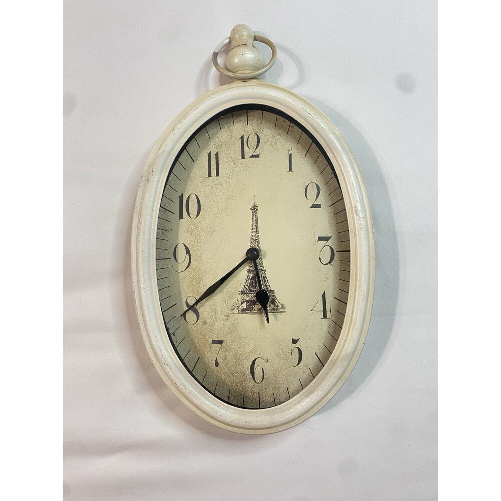Vintage Style Eiffel Tower Oval Wall Clock Paris France Distressed White Decor